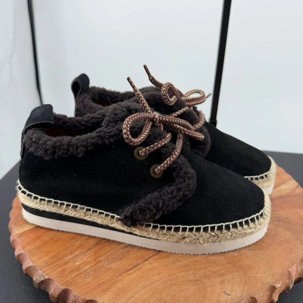 See By Chloe black Brown Shearling Glyn Espadrilles‎ sz 38 US 8 lace up